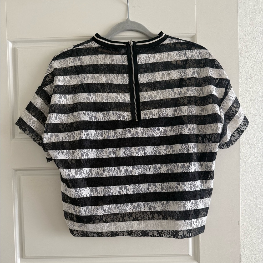 Zara Lace Striped Flower Pattern Short Sleeve Top Size Small - Picture 3 of 5
